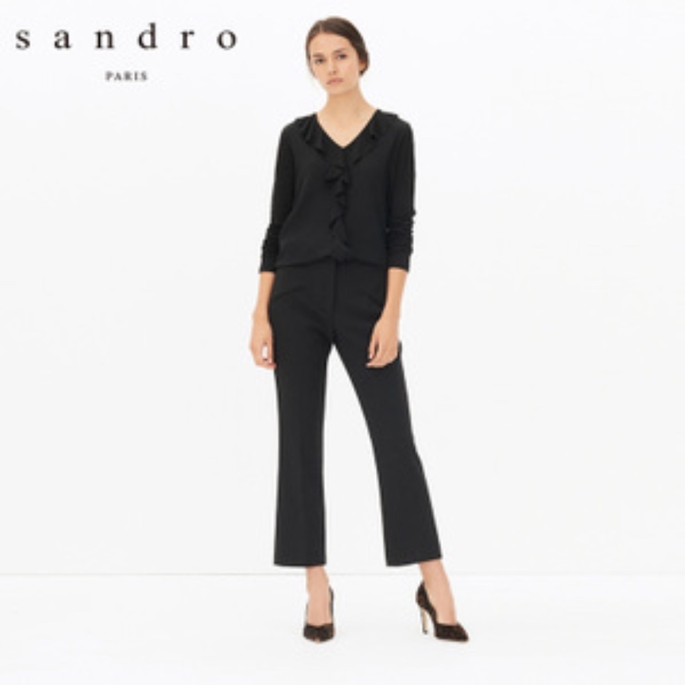 Sandro Paris Silk Black Long Sleeve Ruffle Trim Blouse Womens 1 or Small or US 4